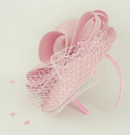 Kentucky Derby Fascinators for Women High Tea Party Hat Wedding Cocktail Flower Headware with Mesh and Feathers - color: Z-pink