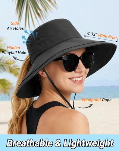 Rosoz Women Sun Hat with Ponytail Hole Wide Brim Bucket Hats UPF 50+ Beach Hiking Gardening Hat Water-Resistant Outdoot Hat - color: Black