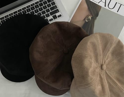 Vintage Newsboy Hats Winter Suede Caps Women's Octagonal Hat Fashion Gatsby Cabbie Baker Visor Beret Hat - color: A-light-brown