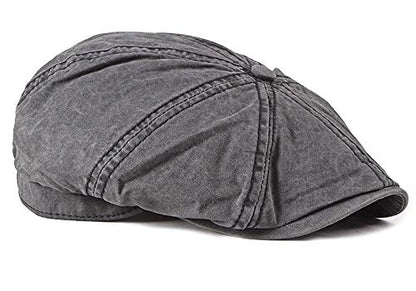 Mens 8 Panel Washed Cotton Newsboy Cap, Outdoor Sun Protection Flat Cap - color: Black