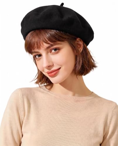 French Beret Hats for Women Men - Classic Wool Beanie Winter Cap - color: Black