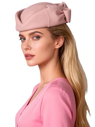 HIMESPORT Wool Felt Bowler Fascinators Hats for Women Ladies Female Elegant Wedding Tea Party Beret Hat with Bowknot - color: Pink