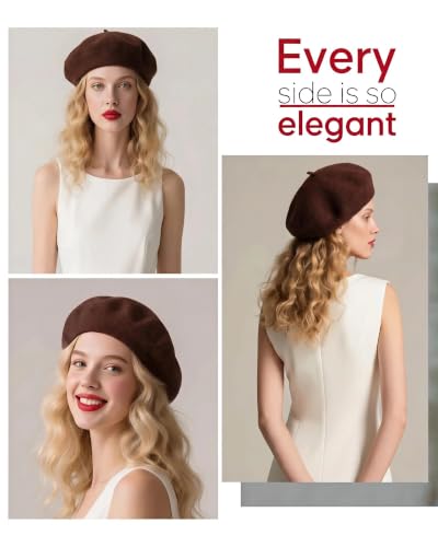 French Beret Hats for Women - Wool Solid Color Beanie Cap - color: Coffee