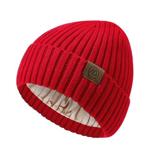 Zando Satin Lined Beanie for Women & Men, Hair Care Skull Cap - color: Red