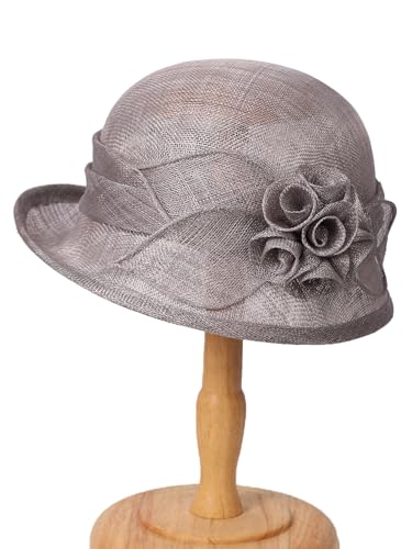 HIMESPORT Retro Sinamay Veil Flower Bride Wedding Fascinator Hat Feather Bowler Hat Hair Accessory Banquet Cocktail Party - color: Gray