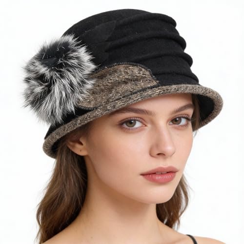 Women's Wool Dress Church Cloche Hat Bucket Winter Floral Hat - color: Black