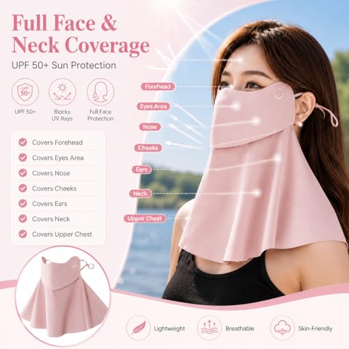 UPF 50+ Sun Face Mask for Women, Cooling Face Neck Cover with Flip-Up Panel for Hiking Cycling Fishing - color: Pink
