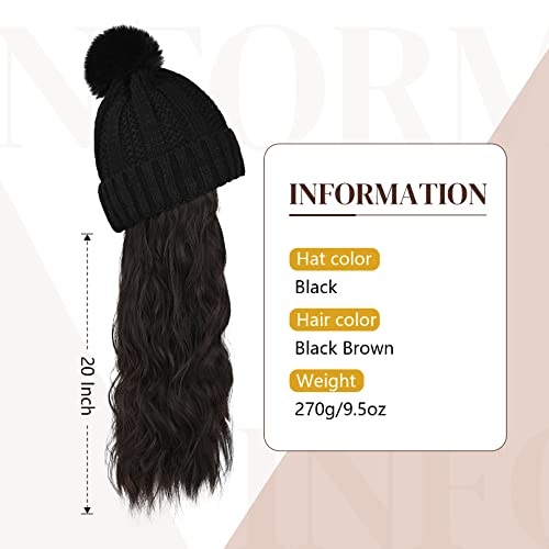 Flufymooz Beanie Wig, Hat Hair Extension Long Wavy Curly Black Hat Wig with Faux Fur Pom Hat, wig hat Attached 20 Inch Synthetic Hairpiece for Women Girls Winter (Black Brown) - color: Black Hat-black Brown, size: 20 Inch