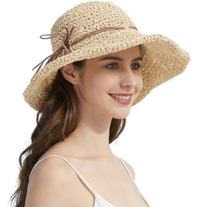 Women's Straw Bucket Sun Hat, Packable Floppy Wide Brim Beach Hat - color: Beige a