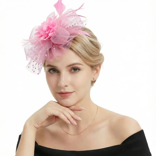 DRESHOW Fascinators Hat Feather Headband Women's Fascinators Tea Party Headwear with Clip Flower Head Band for Girls & Women - color: 8.7" Diameter / Pink