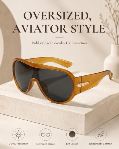 SODQW Women Oversized Visor Wrap Around Shield Sunglasses Big Large Shades - color: A05- Yellow/2grey