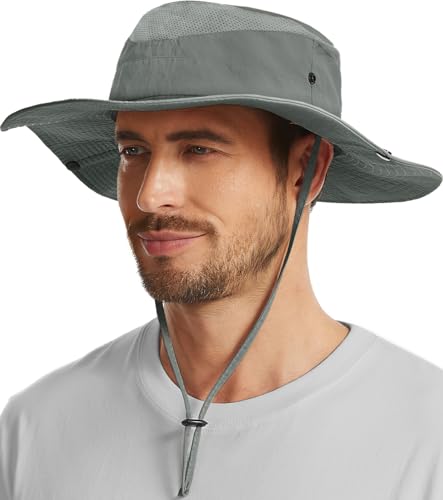 Wide Brim Sun Hat for Men Women, UPF 50+ Waterproof Packable Bucket Boonie Safari Fishing Hat - color: Light Grey