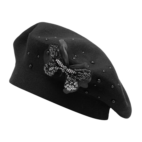 ZLYC Women French Beret Hat Reversible Solid Color Mosaic Warm Artist Cap - color: Butterfly Black