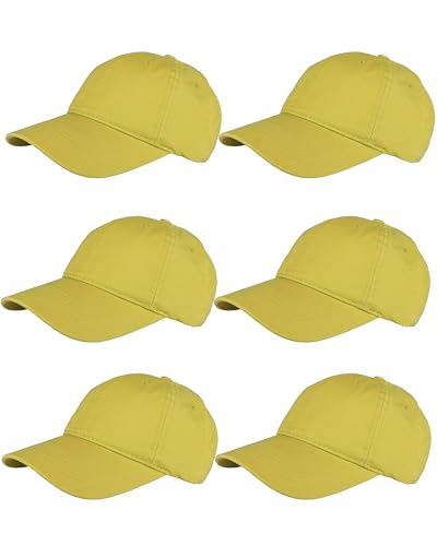 Gelante Cotton Twill Washed Unstructure Baseball Cap - Adjustable Blank Hat for Men Women - Wholesale Bulk Lot of 6 Pack - color: Solid Yellow