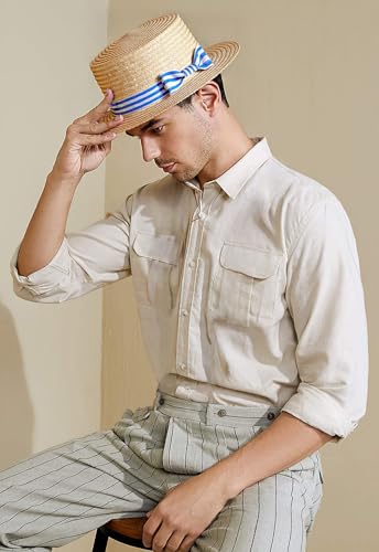 BABEYOND Men's Straw Boater Hat, 1920s Gatsby Summer Costume Accessory - color: White Blue, size: Large-X-Large