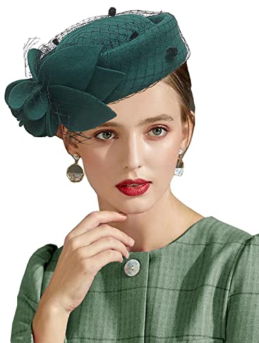 ORIDOOR Women's British Style Pillbox Church Derby Wedding Winter Vintage Fascinator Beret 100% Wool Felt Veil Hat - color: 02b-green