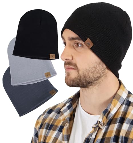 Tough Headwear Knit Beanie Hat - Stretch Fit Winter Hats for Men - Breathable Beanie for Women - Durable Acrylic Winter Cap - color: Black + Dark Gray + Light Gray