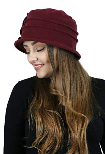Fleece Flower Cloche Hat for Women Chemo Cancer Ladies Headwear 50+ UPF - color: Burgundy