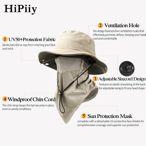Wide-Brimmed Sun Hat,Fishing Hat,for Beach Fishing, Hiking,Camping,with Cooling Silk Mask to Block Mosquitoes(Hat + Mask) - color: Khaki