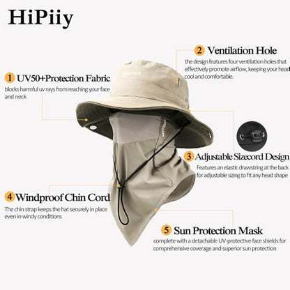 Wide-Brimmed Sun Hat,Fishing Hat,for Beach Fishing, Hiking,Camping,with Cooling Silk Mask to Block Mosquitoes(Hat + Mask) - color: Khaki