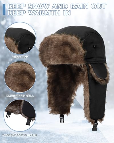 Chicingyou Trapper Hat for Man Women Warm Windproof Waterproof Russian Ushanka Hat Faux Fur Snow Ski Cap with Ear Flap - color: Black, Brown