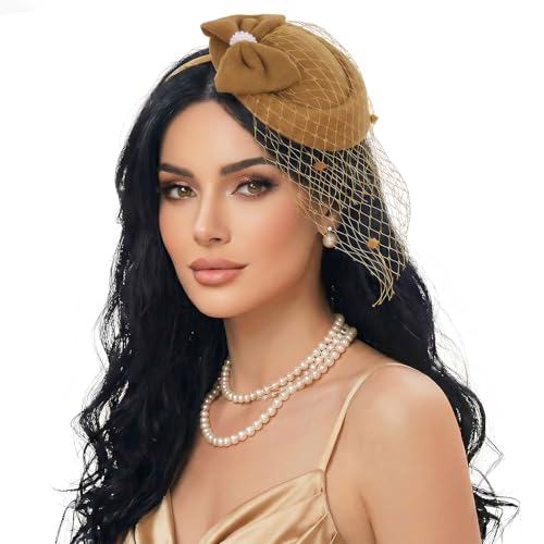 Fascinator Hat for Women Veil Fascinators Tea Party Wedding Retro Pillbox Hats for Cocktail Dresses Accessories - color: Khaki