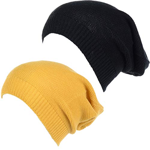 an Unisex Striped Knit Slouchy Beanie Hat Lightweight Soft Fashion Cap - color: 5014-2pk-mustrd