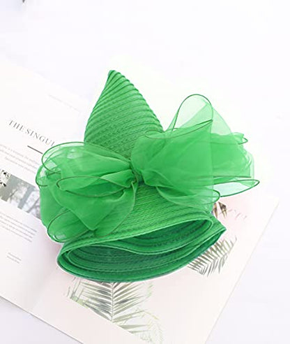 Z&X Organza Church Fascinator Wedding Tea Party Derby Hats for Women Flower Wide Brim Sun Hats - color: 06c Green
