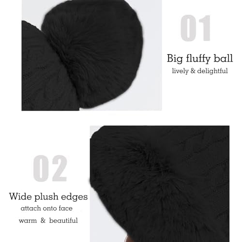 Womens Faux Fur Hat with Fluffy Pompom for Winter Fuzzy Knitted Beanies Skull Cap Warm Earflaps Cold Weather Cute - color: Black