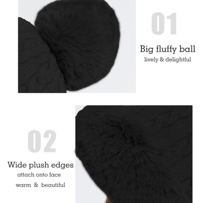 Womens Faux Fur Hat with Fluffy Pompom for Winter Fuzzy Knitted Beanies Skull Cap Warm Earflaps Cold Weather Cute - color: Black