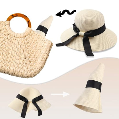 MILAKOO Straw Mesh Buckle Hat Ribbon Bow Cap Strap Foldable Roll Up Cap Sun Protection Hat for Travel - color: 01 Ivory