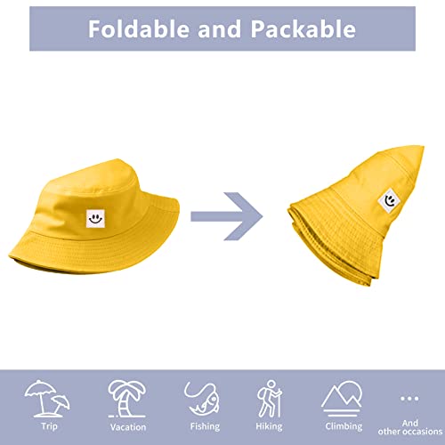 Kids Sun Hat Smile Face Bucket Hat for Girls Boys Summer Sun Protection Cotton Unisex Beach Cap - color: Bright Yellow