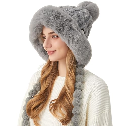 HUAMULAN Women Winter Sherpa Beanie Hats Knit Ear Flaps Fleece Lined - color: Gray With Braids