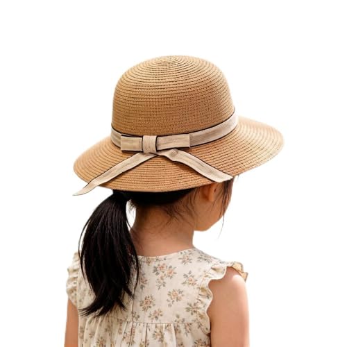Summer Little Girl Kids Breathable Straw Hat Foldable UV Protection Bowknot Wide Brim Floppy Beach Sun Visor Hats - color: Khaki