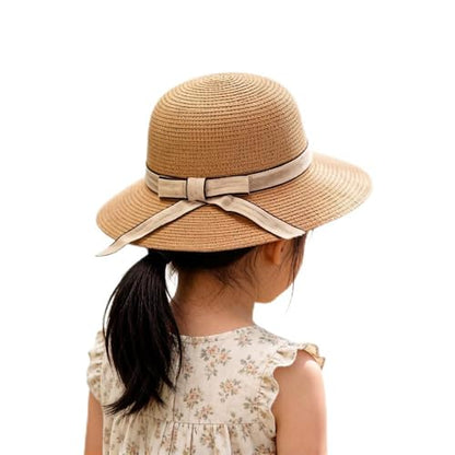 Summer Little Girl Kids Breathable Straw Hat Foldable UV Protection Bowknot Wide Brim Floppy Beach Sun Visor Hats - color: Khaki