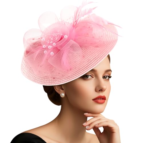 DRESHOW Fascinators Hat Flower Mesh Feathers Hat with a Headband and a Clip 7.9" Tea Party Headwear for Women - color: Folded Style 2: Pastel Pink / 7.9"