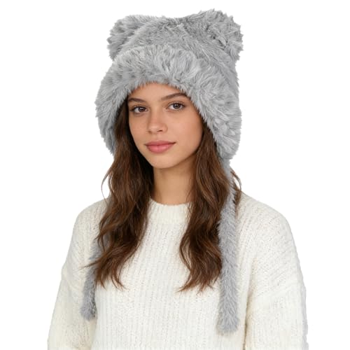 PENINSULA LOVE Winter Bear Ears Beanie Hat for Women Faux Fur Trapper Hat Sherpa Ear Flaps Peruvian Cap Fuzzy Warm Snow Cap - color: Grey