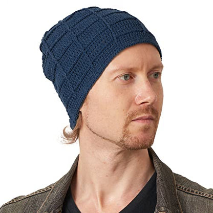 CHARM Mens Summer Beanie Cotton - Womens Crochet Slouch Cap Hand Made Chemo Hat - color: Blue
