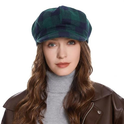 ZLYC Women Classic Newsboy Cap Visor 8 Panel Gatsby Cabbie Paperboy Hat - color: Plaid Dark Green