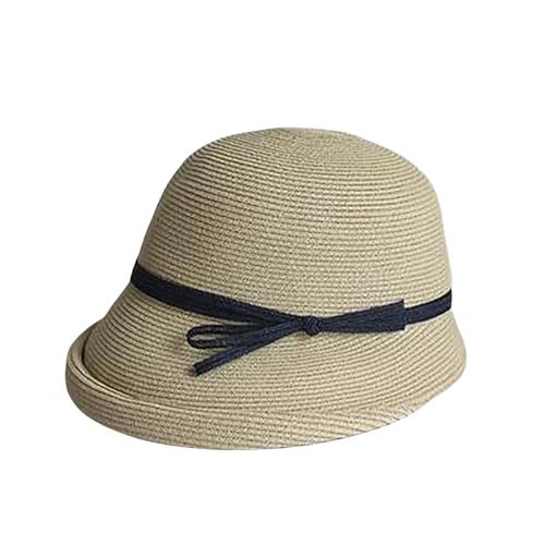 CORIRESHA Women's Vintage 1920s Audrey Hepburn Hat Bow Straw Cloche Beach Sun Cap - color: Beige