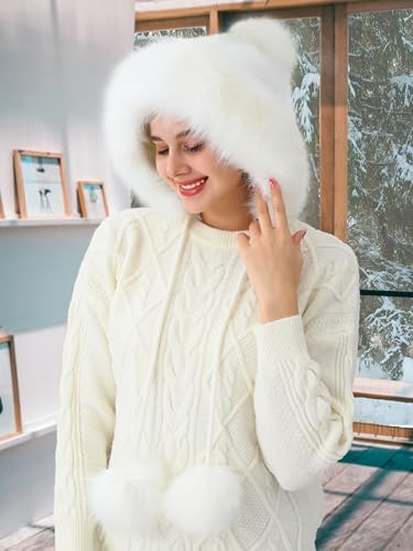 LA CARRIE Women's Faux Fur Hat with 3 Pom Pom for Cold Winter SKI Earflaps - color: White