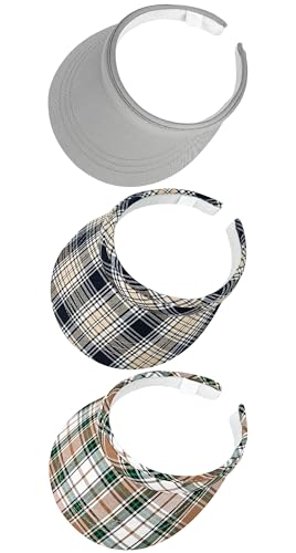 3 Pack Sports Sun Visor Hat Women Men Adjustable Clip On Visors Outdoor Golf Beach Cap - color: Gray, Plaid-khaki Black
