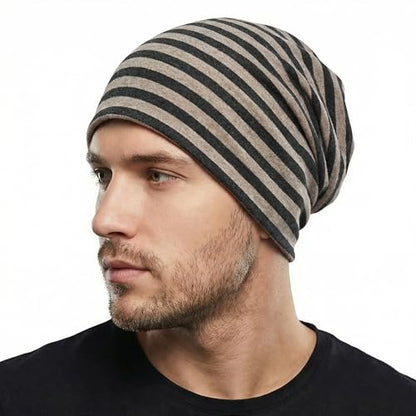 ZLYC Cotton Thin Slouchy Beanie Hat for Men Women Stretch Skull Cap - color: Striped Dark Gray Khaki, size: One Size