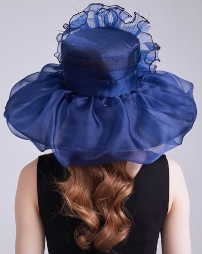 Women's Organza Church Kentucky Hat Fascinato Wedding Cocktail Tea Party Derby Hats Sun Hat - color: 06-navy Blue