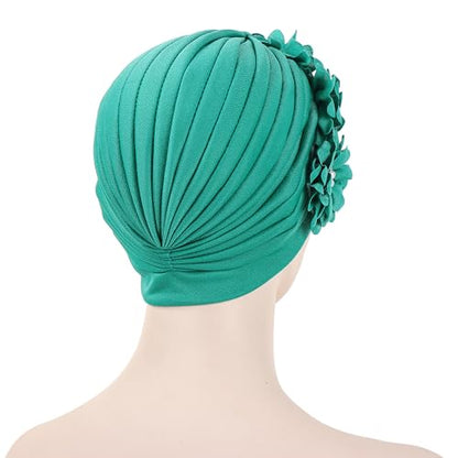 Flower Pre-Tied Turban Beanie, Soft Chemo Cap for Women Cancer Hair Loss - color: Teal