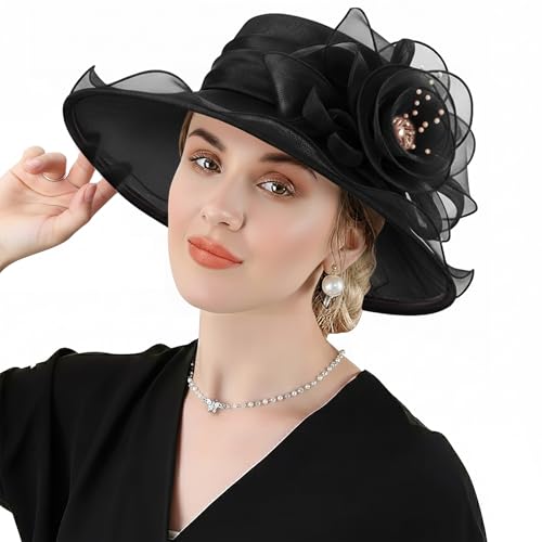 DRESHOW Women Organza Hat Church Cap Hats Clearance Kentucky Derby Cocktail Tea Party Wedding Flower Hat with Wide Brim - color: Flower Hat: Black
