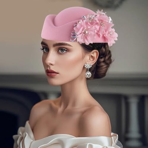 Women Vintage Church Hat Applique Felt Pillbox Hat Fascinator Tea Party Cap - color: Z1-pink