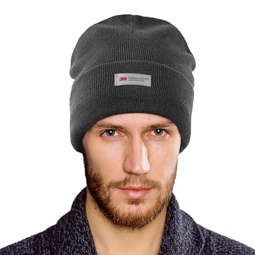 Waterproof Winter Fleece Lined Beanie Hat for Men Women Warm Knit Cuffed Beanie Thick Skull Cap Unisex Windproof Watch Hat - color: Dark Grey