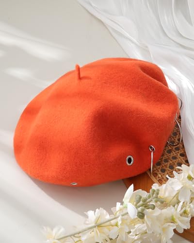AWAYTR Punk Beret Hat for Women - 90% Wool Blend Goth Alt French Cap - color: Orange