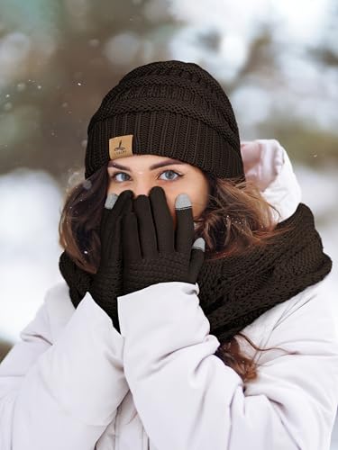 LOROME Winter Beanie Hat Scarf Gloves, Warm Fleece Knit Neck Scarf Set Gift - color: Coffee